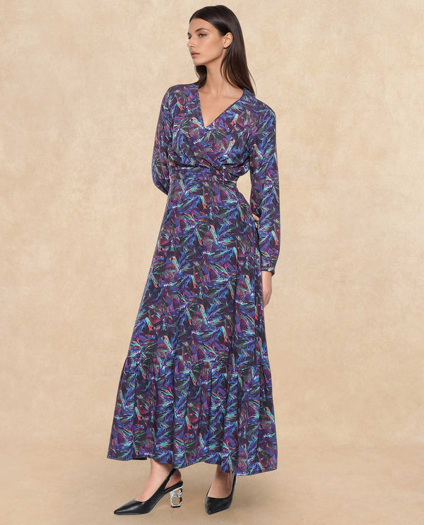 Rareism Women Seppo Dark Multi Viscose Fabric Bishop Sleeves Over Lap Neck Fit And Flare Maxi Abstract Print Dress