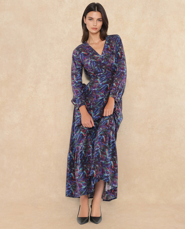 Rareism Women Seppo Dark Multi Viscose Fabric Bishop Sleeves Over Lap Neck Fit And Flare Maxi Abstract Print Dress