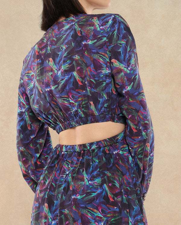 Rareism Women Seppo Dark Multi Viscose Fabric Bishop Sleeves Over Lap Neck Fit And Flare Maxi Abstract Print Dress