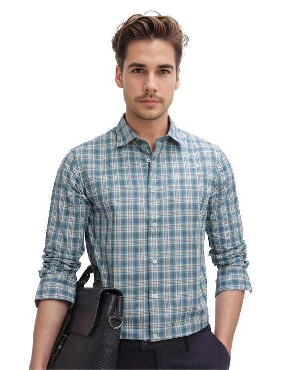 Rare Rabbit Men's Sept Turq Cotton Fabric Full Sleeve Regular Fit Checks Shirt