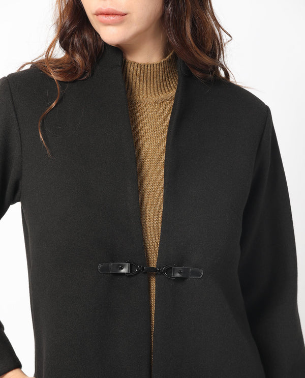Rareism Women Sera Black Polyester Fabric Full Sleeves Solid High Neck Jacket