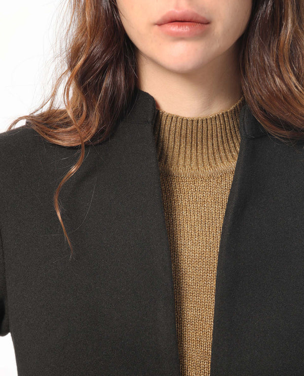 Rareism Women Sera Black Polyester Fabric Full Sleeves Solid High Neck Jacket