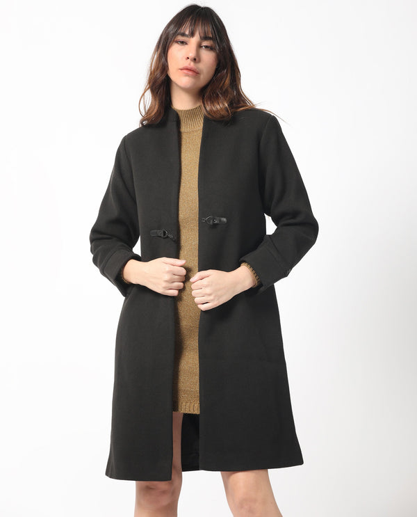 Rareism Women Sera Black Polyester Fabric Full Sleeves Solid High Neck Jacket