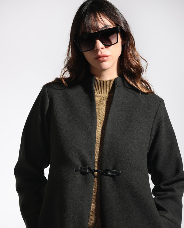 Rareism Women Sera Black Polyester Fabric Full Sleeves Solid High Neck Jacket