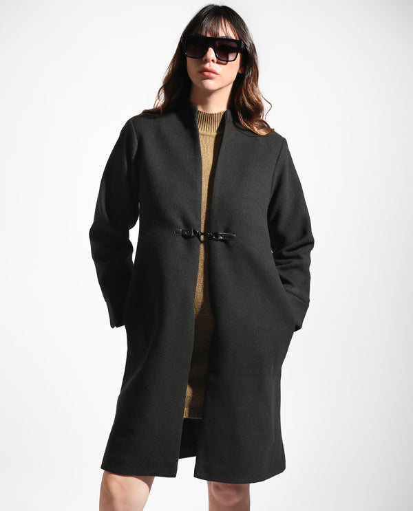Rareism Women Sera Black Polyester Fabric Full Sleeves Solid High Neck Jacket