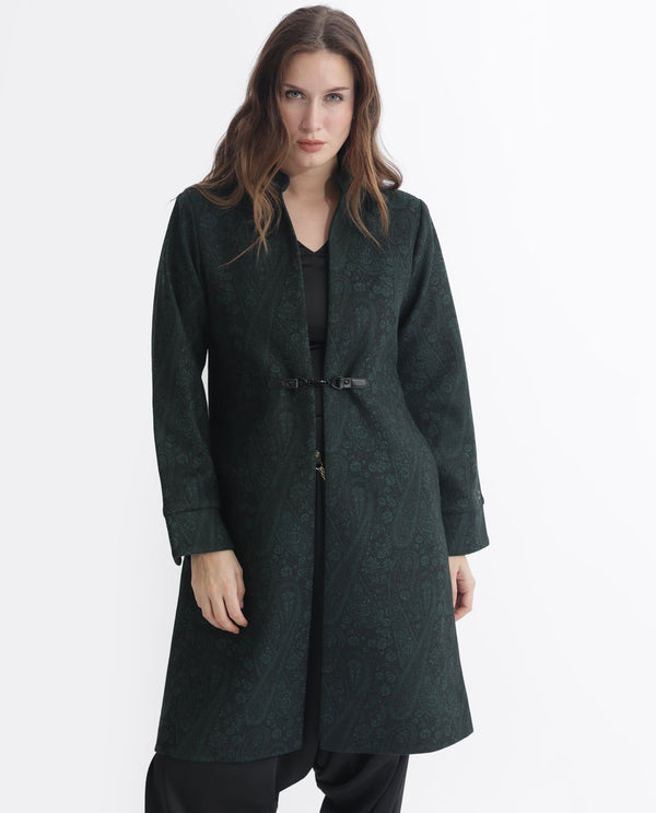 Rareism Women Sera Green Polyester Fabric Full Sleeves Zip Closure High Neck Regular Fit Plain Knee Length Jacket