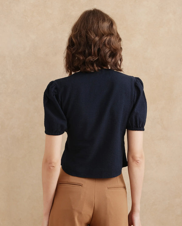 Rareism Women Serem Navy Bishop Sleeves V-Neck Regular Fit Plain Top
