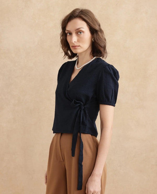 Rareism Women Serem Navy Bishop Sleeves V-Neck Regular Fit Plain Top