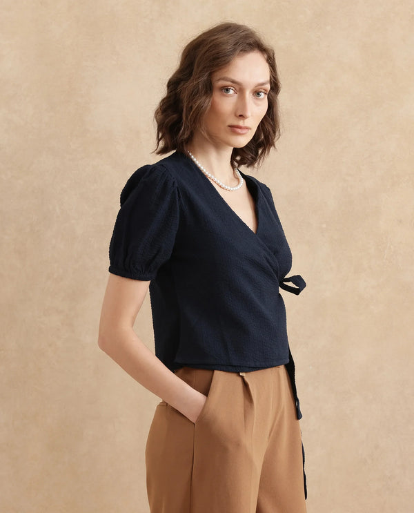 Rareism Women Serem Navy Bishop Sleeves V-Neck Regular Fit Plain Top