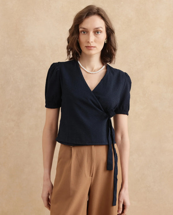 Rareism Women Serem Navy Bishop Sleeves V-Neck Regular Fit Plain Top