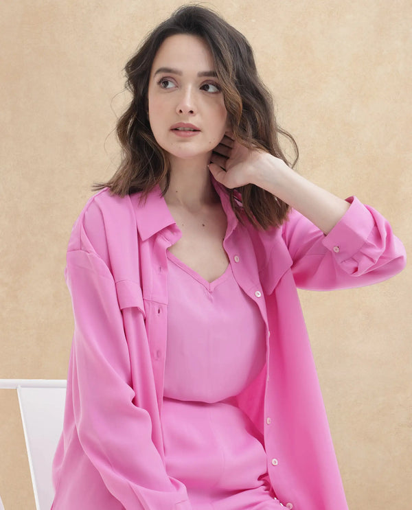 Rareism Women Sergey Pink Polyester Fabric Full Sleeves Button Closure Collared Neck Cuffed Sleeve Regular Fit Plain Shirt