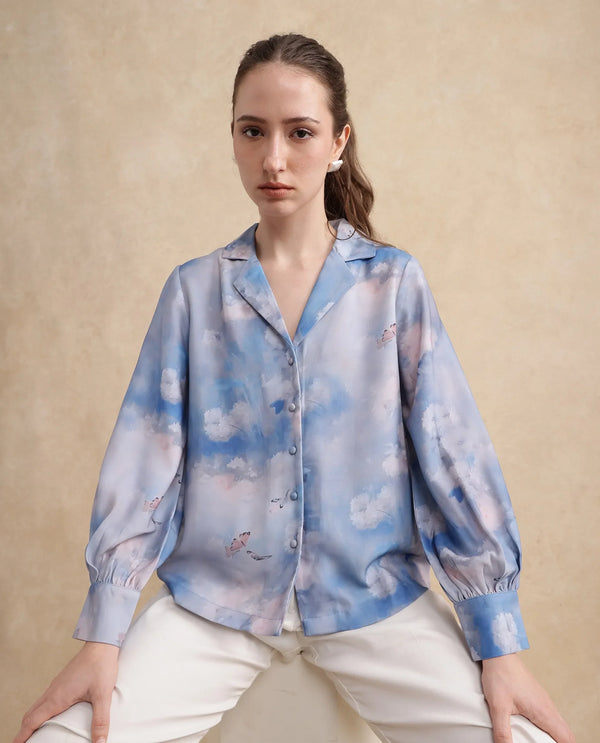 Rareism Women Setecannet Blue Bishop Sleeves Lapel Neck Regular Fit Floral Print Top