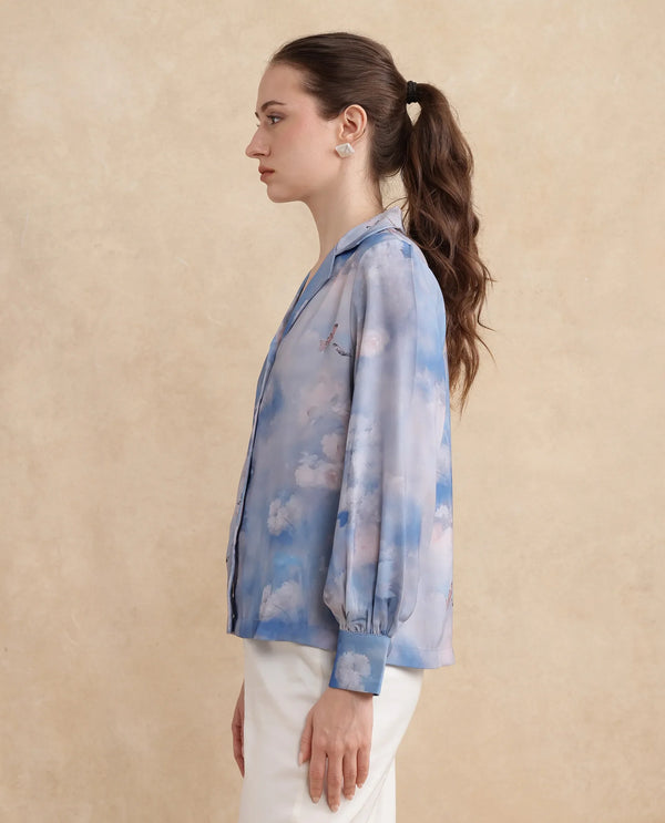 Rareism Women Setecannet Blue Bishop Sleeves Lapel Neck Regular Fit Floral Print Top