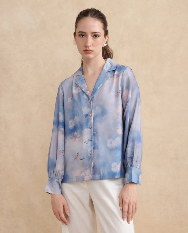 Rareism Women Setecannet Blue Bishop Sleeves Lapel Neck Regular Fit Floral Print Top