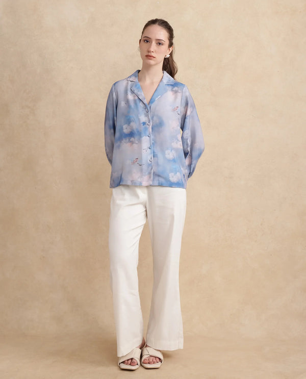 Rareism Women Setecannet Blue Bishop Sleeves Lapel Neck Regular Fit Floral Print Top