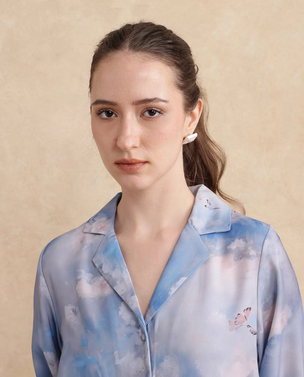 Rareism Women Setecannet Blue Bishop Sleeves Lapel Neck Regular Fit Floral Print Top