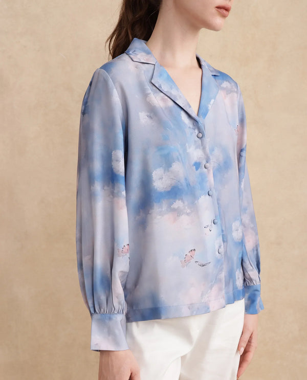 Rareism Women Setecannet Blue Bishop Sleeves Lapel Neck Regular Fit Floral Print Top