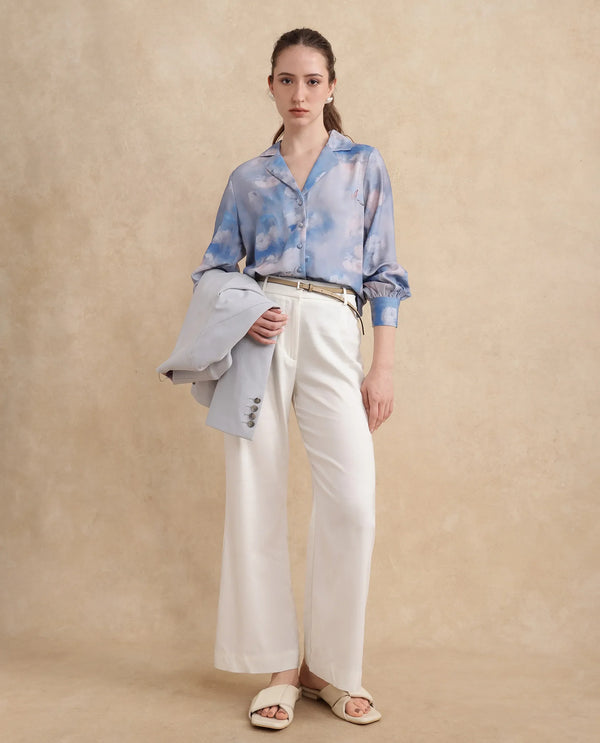 Rareism Women Setecannet Blue Bishop Sleeves Lapel Neck Regular Fit Floral Print Top