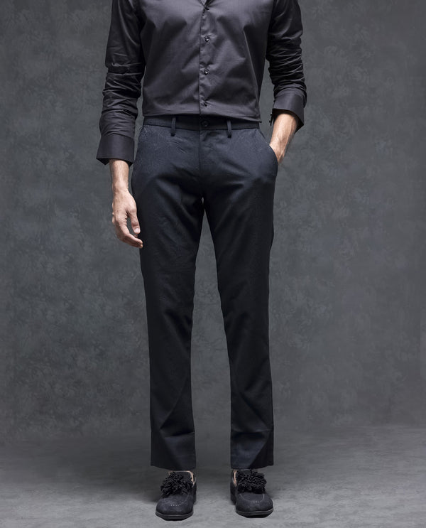 Rare Rabbit Men's Seth Navy Solid Mid-Rise Regular Fit JacquardTrouser