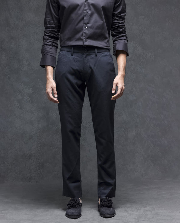 Rare Rabbit Men's Seth Navy Solid Mid-Rise Regular Fit JacquardTrouser