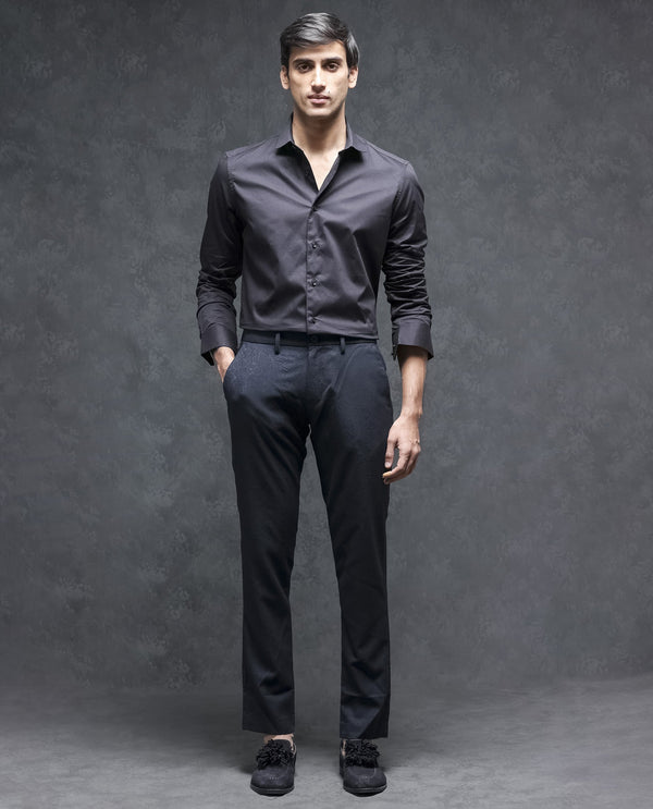 Rare Rabbit Men's Seth Navy Solid Mid-Rise Regular Fit JacquardTrouser