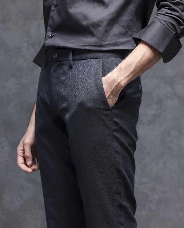 Rare Rabbit Men's Seth Navy Solid Mid-Rise Regular Fit JacquardTrouser