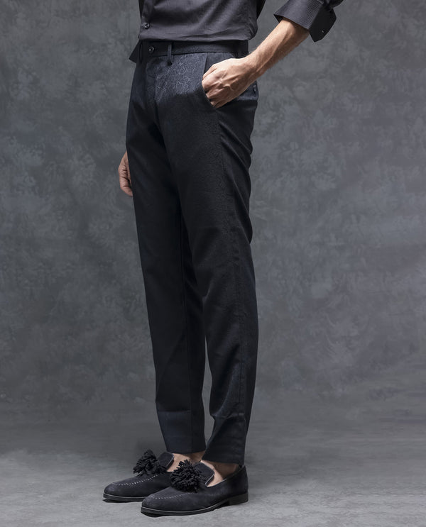 Rare Rabbit Men's Seth Navy Solid Mid-Rise Regular Fit JacquardTrouser