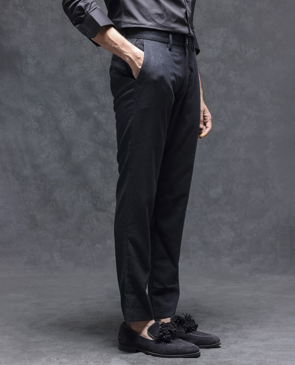 Rare Rabbit Men's Seth Navy Solid Mid-Rise Regular Fit JacquardTrouser