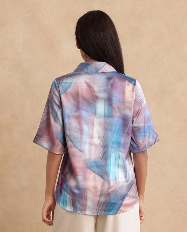 Rareism Women Setimio Multi Satin Short Sleeve Collared Neck Button Closure Abstract Print Shirt