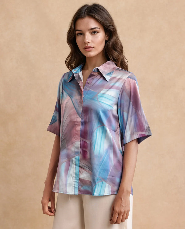 Rareism Women Setimio Multi Satin Short Sleeve Collared Neck Button Closure Abstract Print Shirt