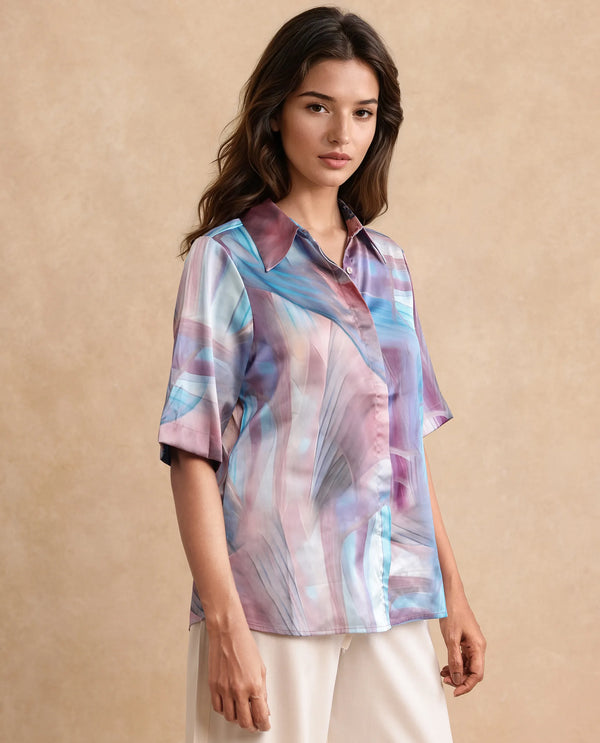 Rareism Women Setimio Multi Satin Short Sleeve Collared Neck Button Closure Abstract Print Shirt