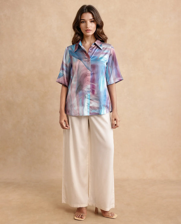 Rareism Women Setimio Multi Satin Short Sleeve Collared Neck Button Closure Abstract Print Shirt