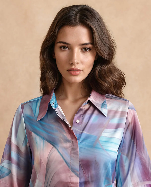 Rareism Women Setimio Multi Satin Short Sleeve Collared Neck Button Closure Abstract Print Shirt