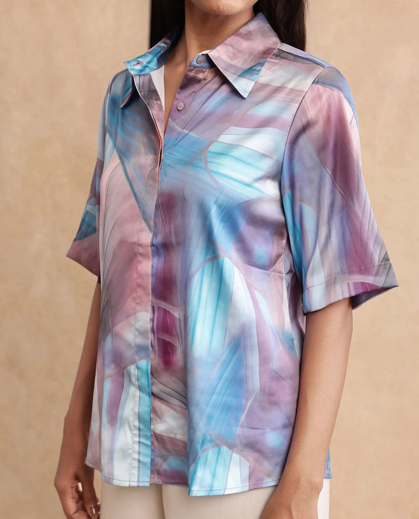 Rareism Women Setimio Multi Satin Short Sleeve Collared Neck Button Closure Abstract Print Shirt
