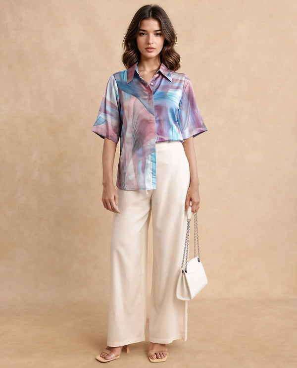 Rareism Women Setimio Multi Satin Short Sleeve Collared Neck Button Closure Abstract Print Shirt