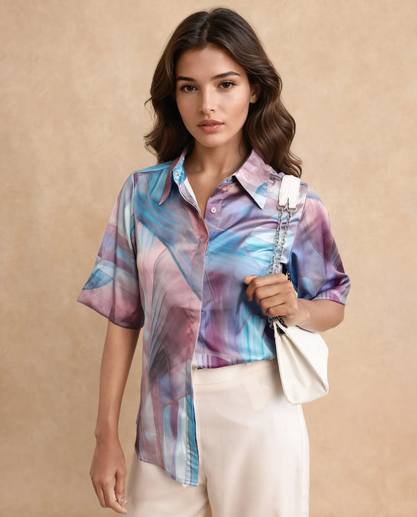 Rareism Women Setimio Multi Satin Short Sleeve Collared Neck Button Closure Abstract Print Shirt