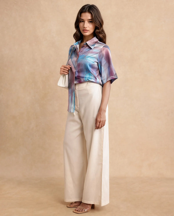 Rareism Women Setimio Multi Satin Short Sleeve Collared Neck Button Closure Abstract Print Shirt