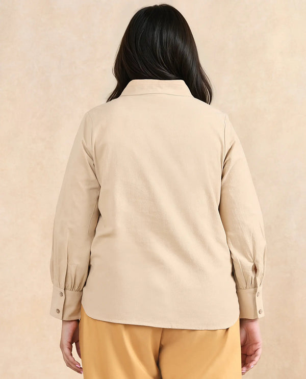 Rareism Women Severo Beige Cotton Fabric Cuffed Sleeve Collared Neck Button Closure Plain Shirt