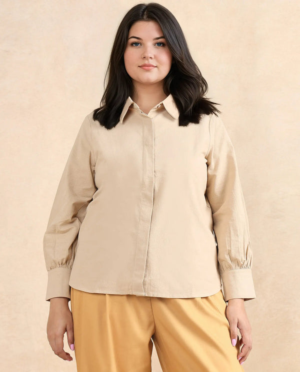 Rareism Women Severo Beige Cotton Fabric Cuffed Sleeve Collared Neck Button Closure Plain Shirt