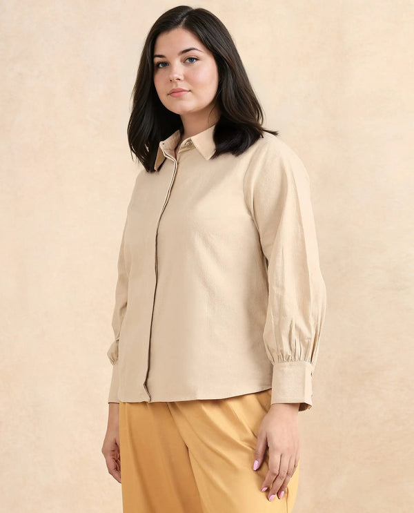 Rareism Women Severo Beige Cotton Fabric Cuffed Sleeve Collared Neck Button Closure Plain Shirt
