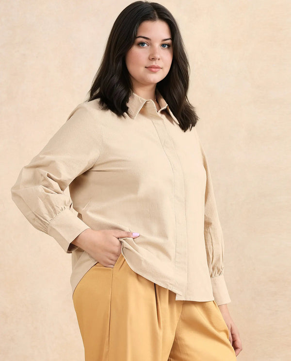 Rareism Women Severo Beige Cotton Fabric Cuffed Sleeve Collared Neck Button Closure Plain Shirt