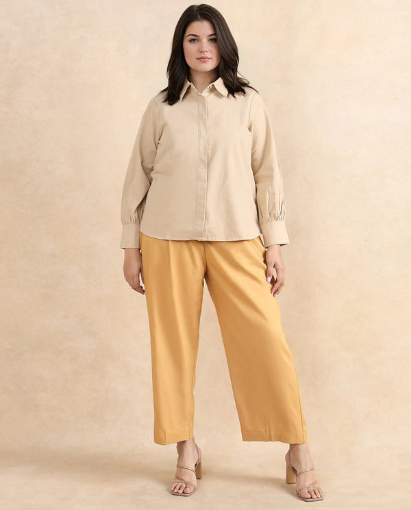Rareism Women Severo Beige Cotton Fabric Cuffed Sleeve Collared Neck Button Closure Plain Shirt