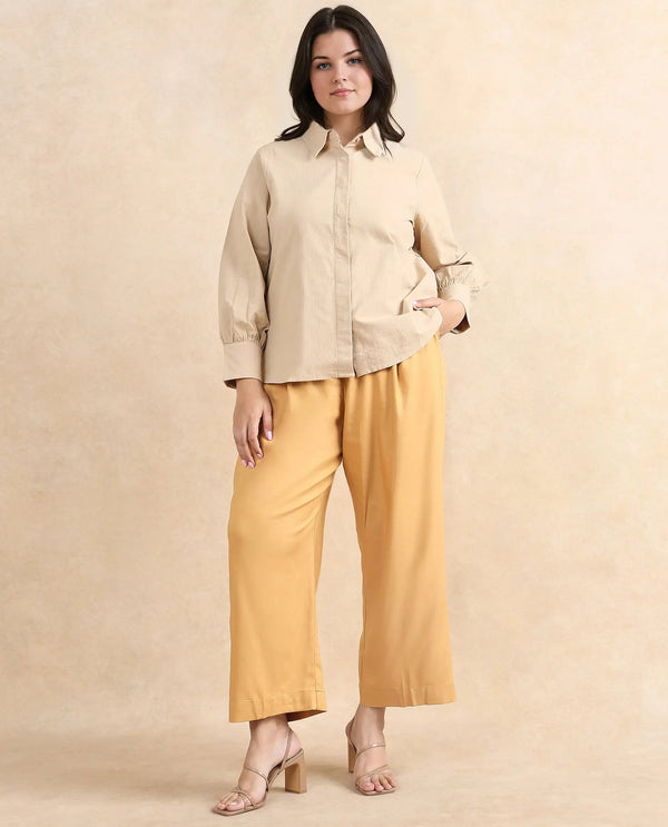 Rareism Women Severo Beige Cotton Fabric Cuffed Sleeve Collared Neck Button Closure Plain Shirt
