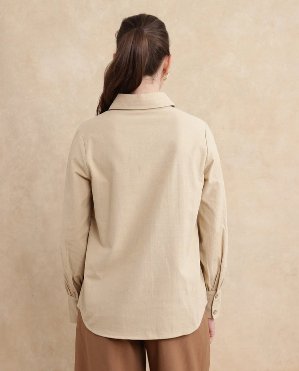 Rareism Women Severo Beige Cotton Fabric Cuffed Sleeve Collared Neck Button Closure Plain Shirt