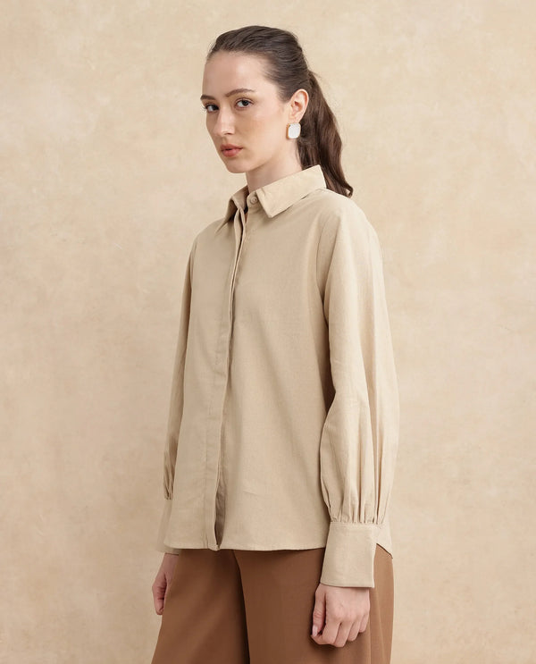 Rareism Women Severo Beige Cotton Fabric Cuffed Sleeve Collared Neck Button Closure Plain Shirt