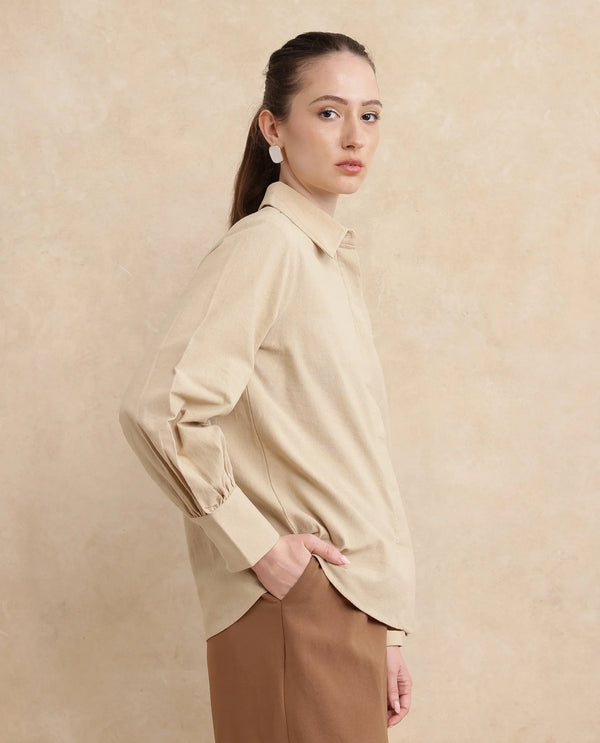 Rareism Women Severo Beige Cotton Fabric Cuffed Sleeve Collared Neck Button Closure Plain Shirt