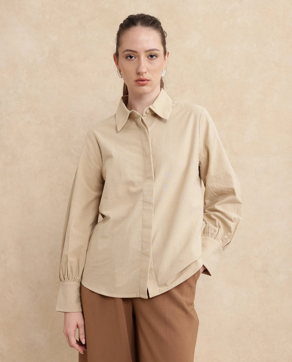 Rareism Women Severo Beige Cotton Fabric Cuffed Sleeve Collared Neck Button Closure Plain Shirt