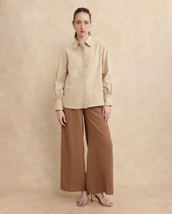 Rareism Women Severo Beige Cotton Fabric Cuffed Sleeve Collared Neck Button Closure Plain Shirt