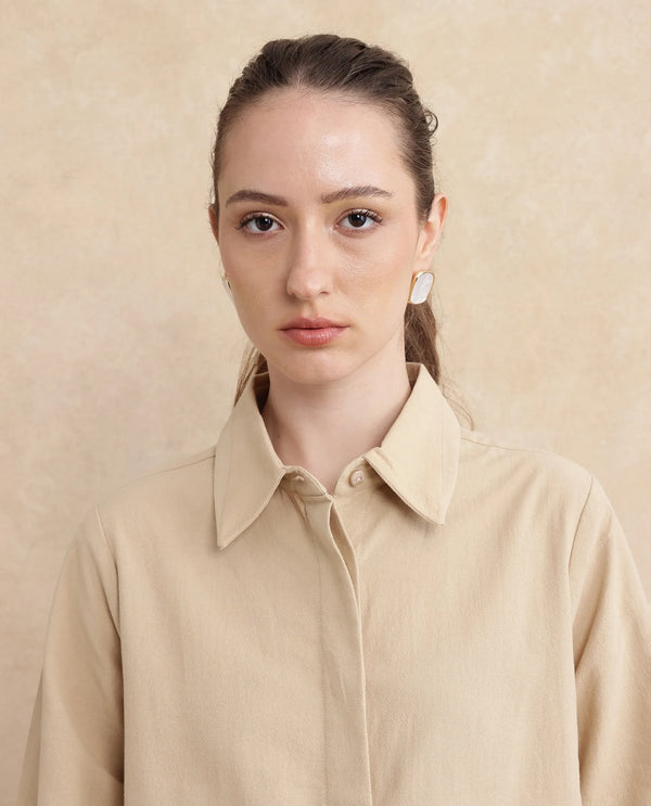 Rareism Women Severo Beige Cotton Fabric Cuffed Sleeve Collared Neck Button Closure Plain Shirt