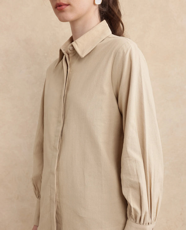 Rareism Women Severo Beige Cotton Fabric Cuffed Sleeve Collared Neck Button Closure Plain Shirt